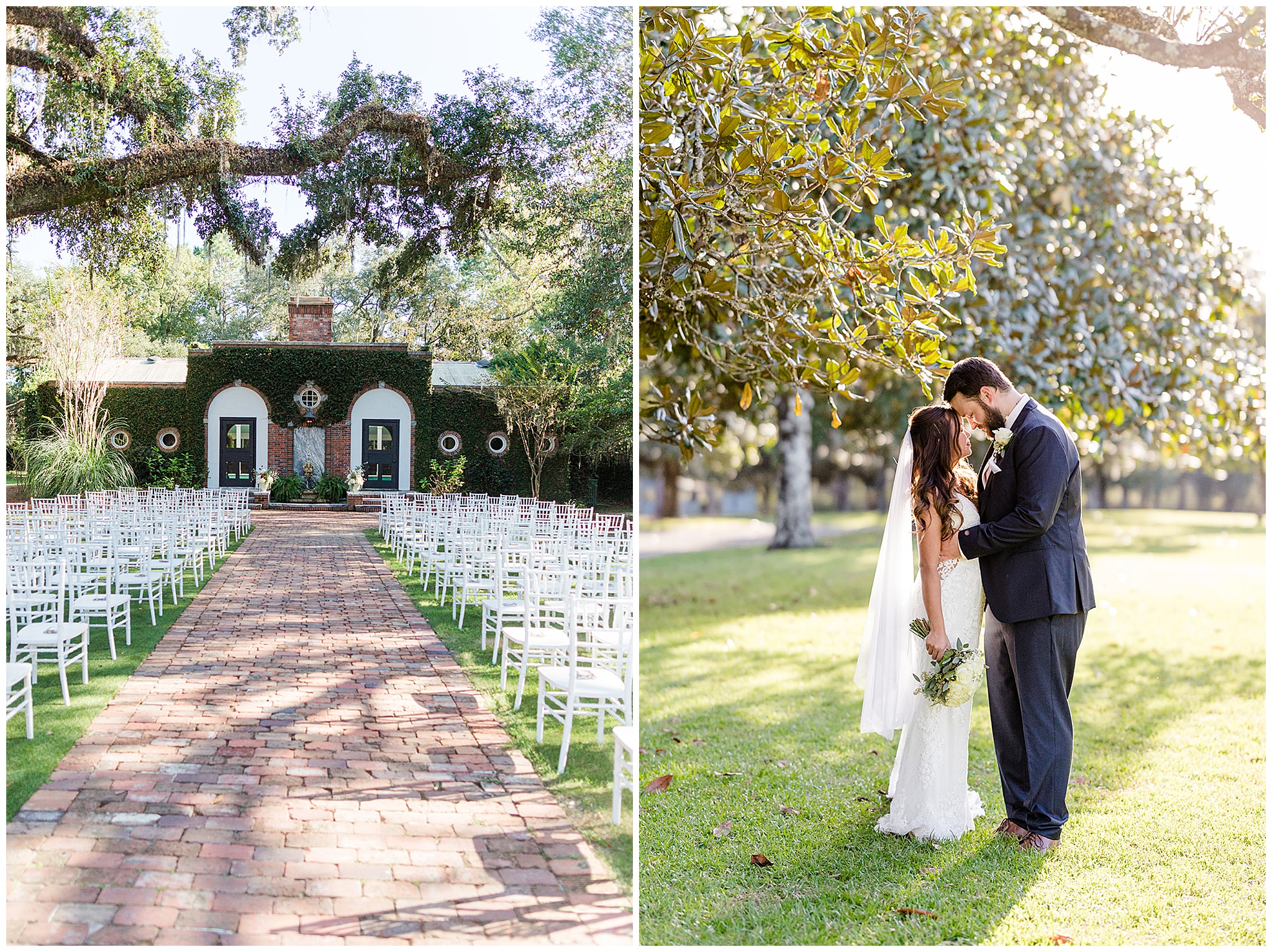 Newlyweds stand forehead to forehead under a large magnolia tree in a grassy lawn