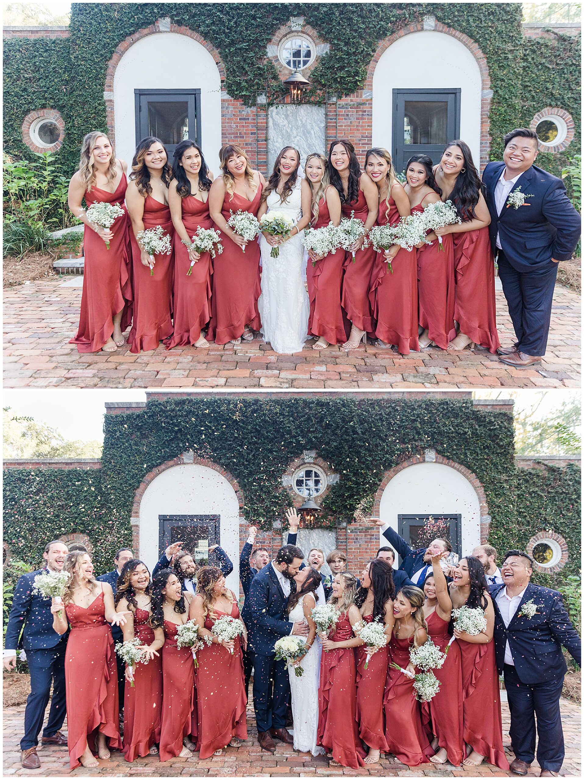 Bridal parties celebrate surrounding the kissing newlyweds in front of an ivy-covered wall at south eden plantation