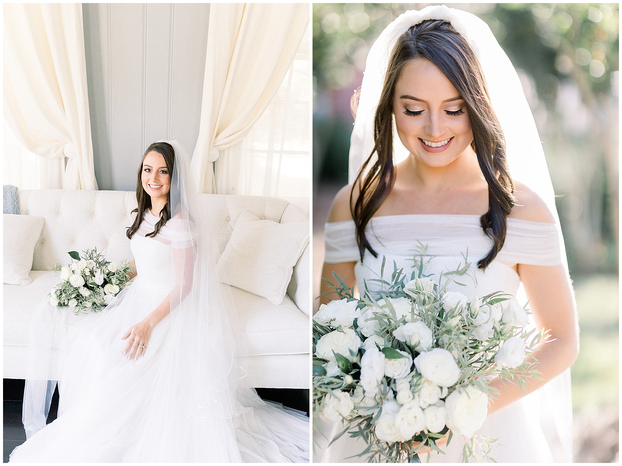A bride in a white off the shoulder dress and veil sits on a white couch in front of tall windows holding her white bouquet at south eden plantation