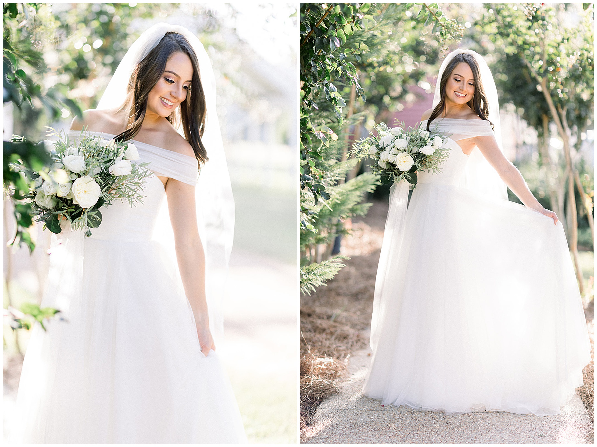 A bride dances by herself while holding her train on a sidewalk surrounded by gardens at south eden plantation