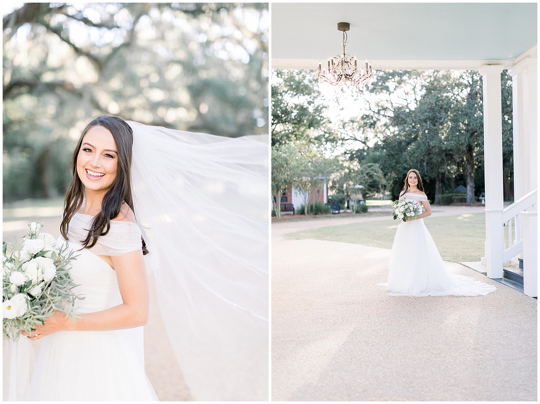 A bride in a white tule dress with a long flowing veil stands under the car port of the south eden plantation undeer a chandelier