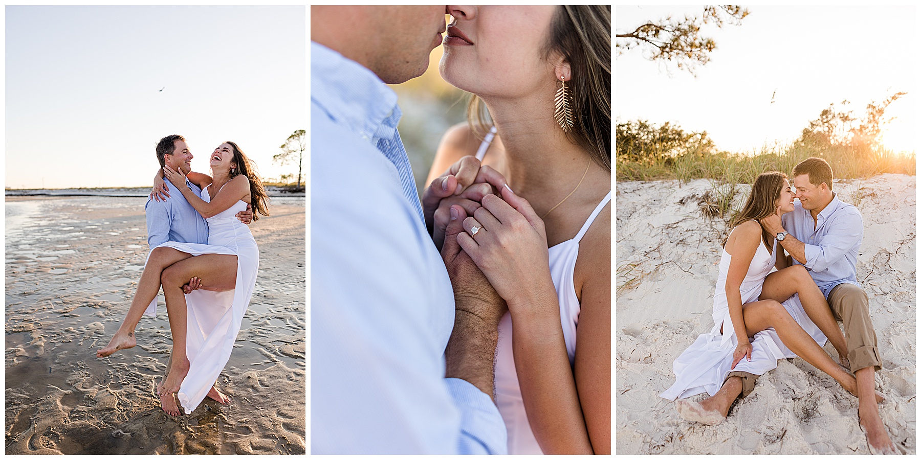Couple holding hands with gentle waves crashing behind them at their beach engagement session in Panacea, FL near Tallahassee