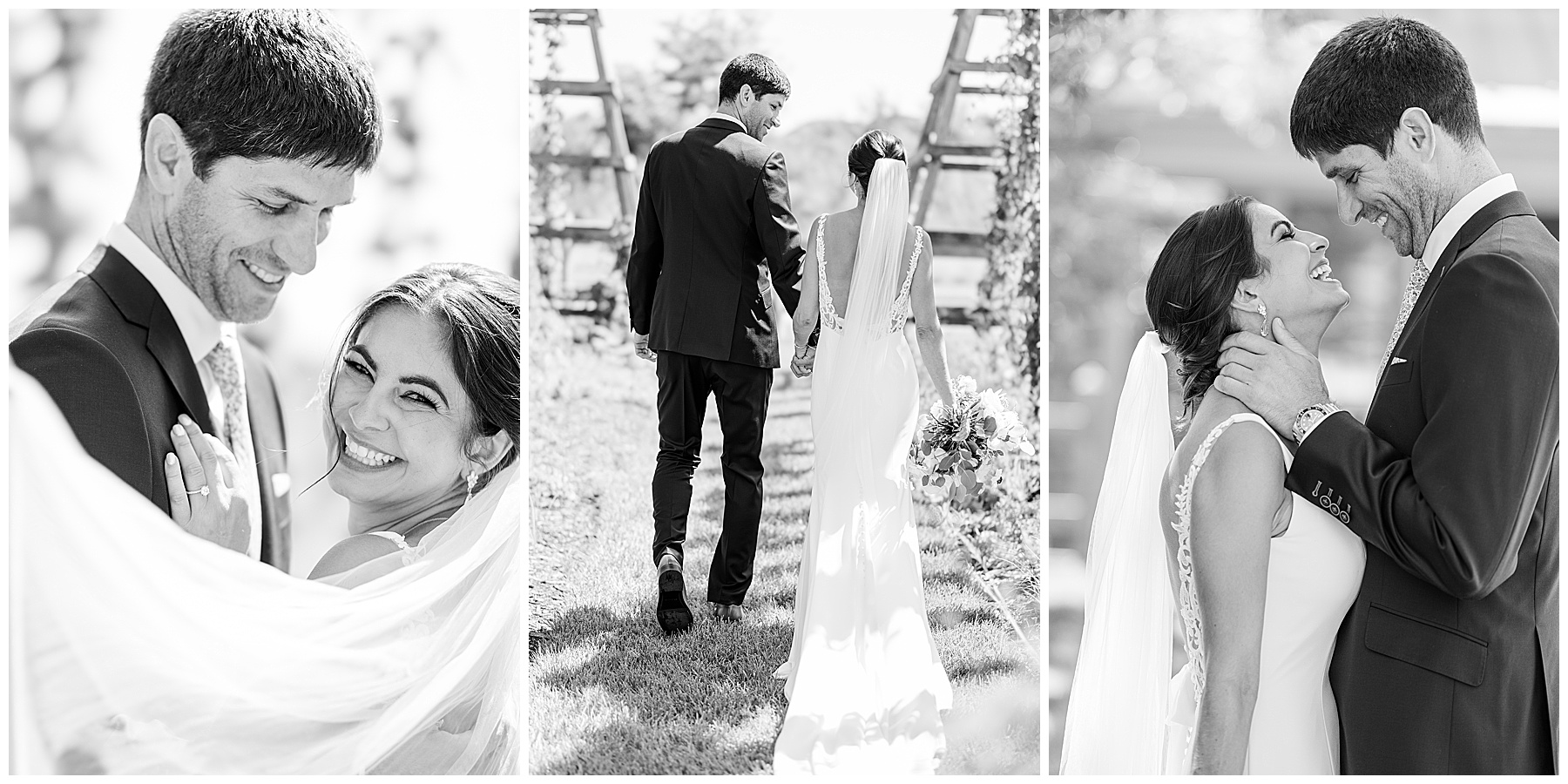 Bride and groom walking hand-in-hand by the bay