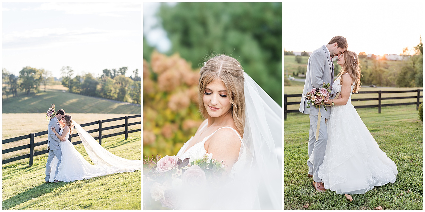 Bride and groom holding hands while walking along a wooden fence in the rolling hills of North Florida at their barn wedding.
