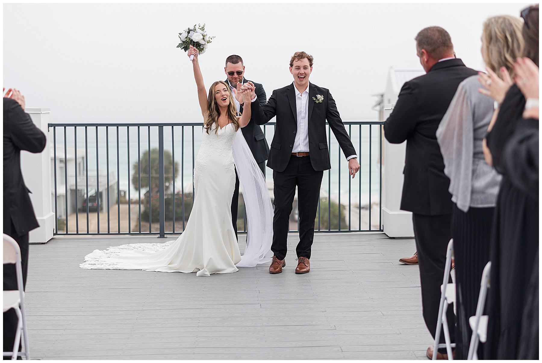 Elegant coastal wedding reception overlooking the beach and Gulf of America