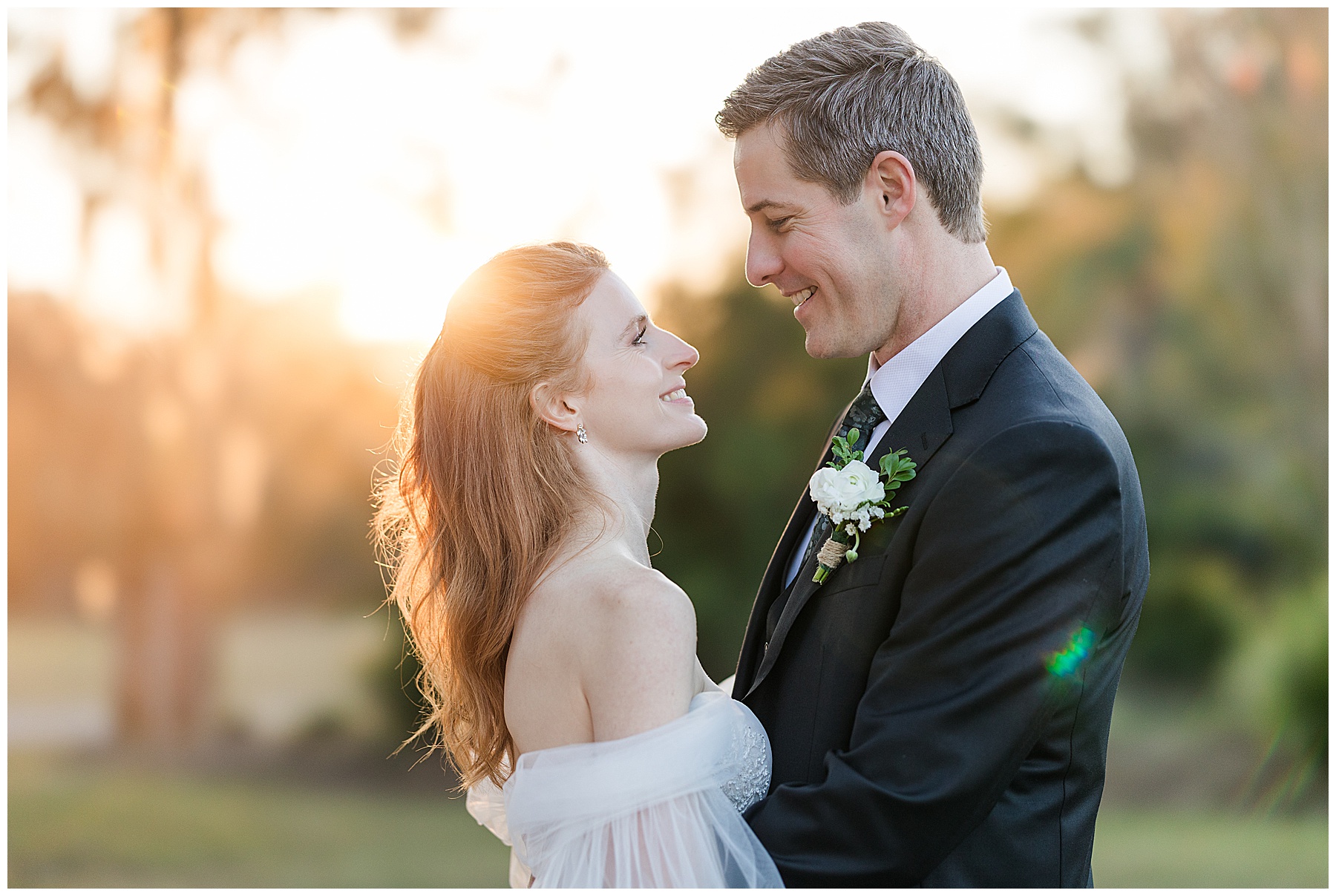 Bride and groom sharing romantic sunset portraits at South Eden wedding venue in South Georgia